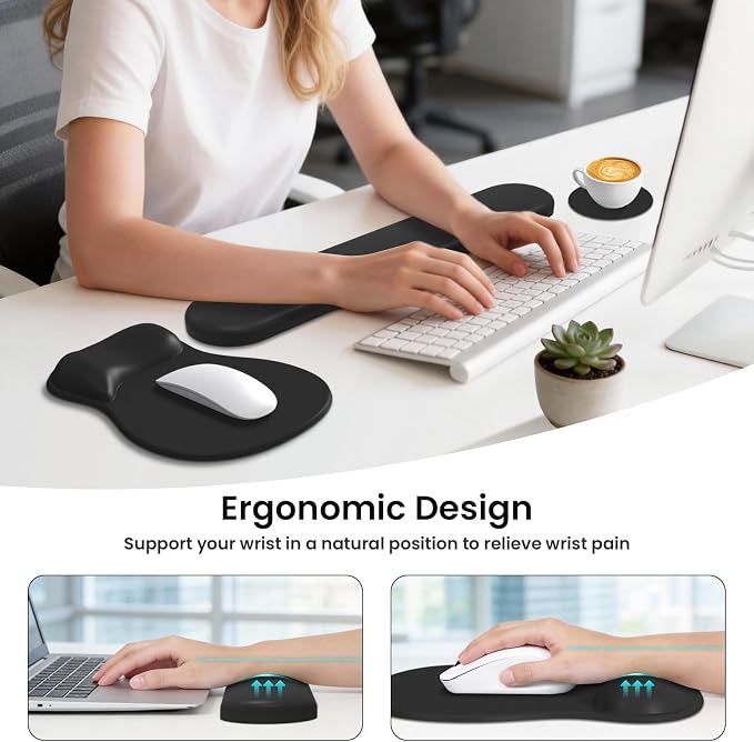 AKIT Ergonomic Mouse Pad and Keyboard Wrist Rest Set,Memory Foam,Black | Ergonomic Wrist Support for Typing & Gaming,Gel Mouse Pad with Smooth Glide,Reduces Fatigue,Fits Home & Office