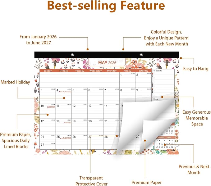 Desk Calendar 2026-2027, Mokani Large Monthly Desk Calendar 2026 (Jan.2026 to Jun.2027) 17"x12" with Plastic Cover, Holidays, 234 Stickers