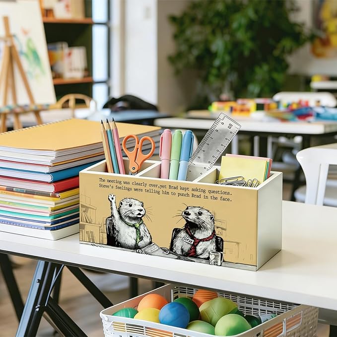Funny Otter Pen Pencil Holder for Desk, Otter Gifts for Women Men, Office Humor Gifts for Coworkers Wooden Box Sign Organizer for Office Workplace Desk Accessories Tabletop Decorations