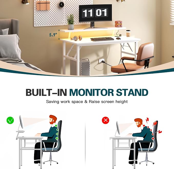 sogesfurniture 47 inch Computer Desk with LED Lights & Power Outlets, Folding Desk with Monitor Shelf, Wide Folding Table Writing Desk Foldable Home Office Desk, White