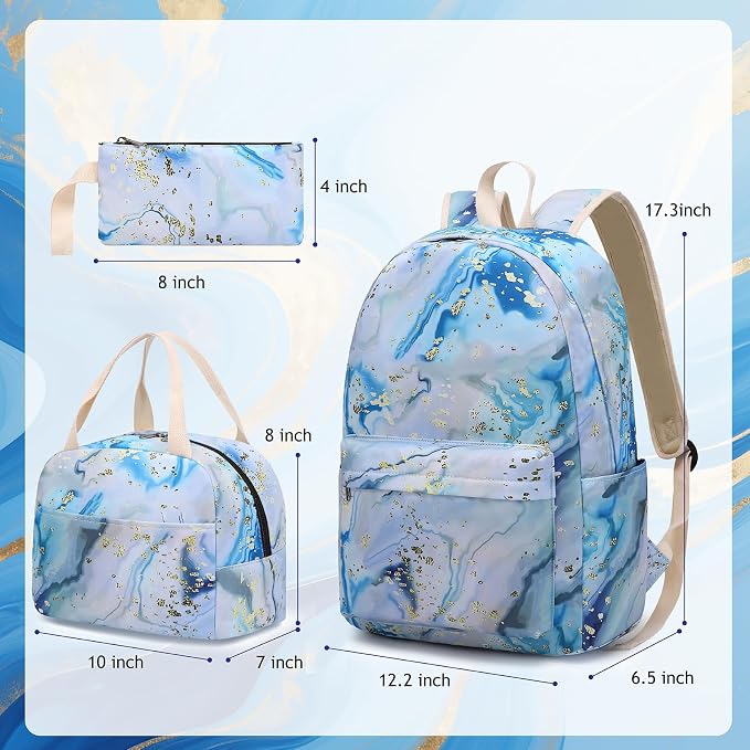 Bluboon Teen Girls School Backpack Kids Bookbag Set with Lunch Box Pencil Case Travel Laptop Backpack Casual Daypacks (Blue-white)