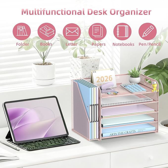 5-Tier Desk Organizer with File Holder, Paper Organizer for Desk, Pink | 5 Letter Trays and Vertical File Holder with Metal Mesh Frame for Papers Folders Books and Mail in Office Home or School