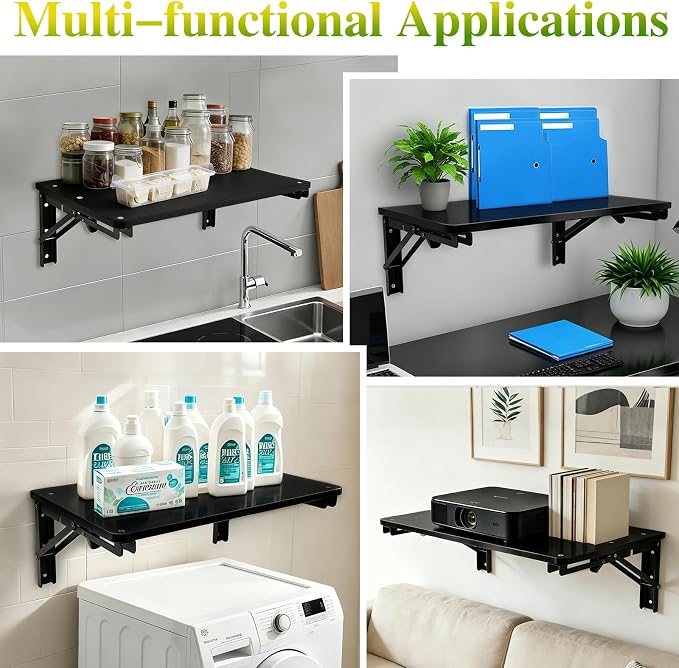Wooden Folding Shelf Wall Mounted for Small Space, Wall Table for Living Room Bedroom Decor, Home Office Fold Down Desk, Media Shelves with Heavy-Duty Brackets Holds Up to 30lbs, 21.6"*11.8", Black