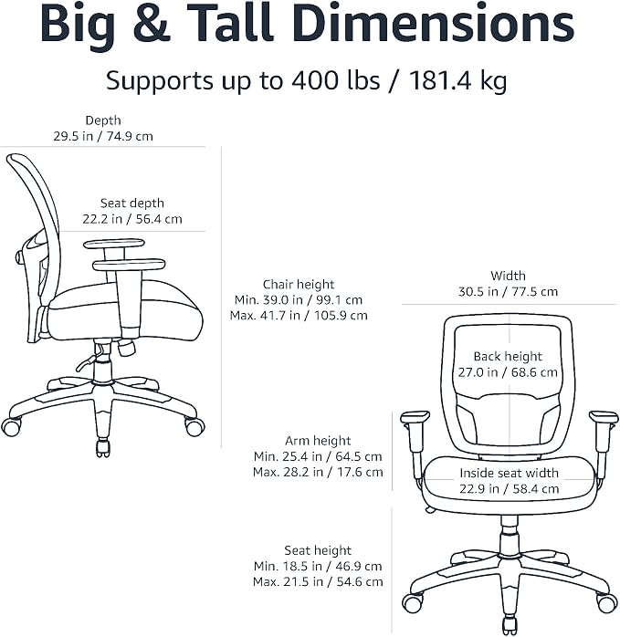 Amazon Basics Big and Tall Mesh Office Chair with Adjustable Armrests, Lumbar Support, Adjustable Height, 400lbs Capacity, Black