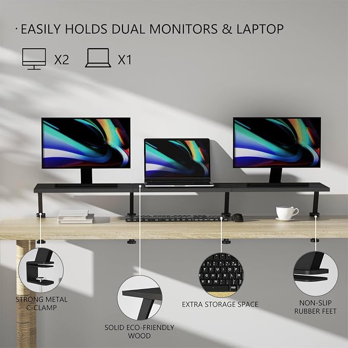 Extra-Large 45-Inch Wood Clamp On Desk Monitor Shelf with Spacious Storage Space - Fits 60-inch or Dual 32-inch Screens, C-Clamp Design with Rubber Pad, Max Load 44lbs