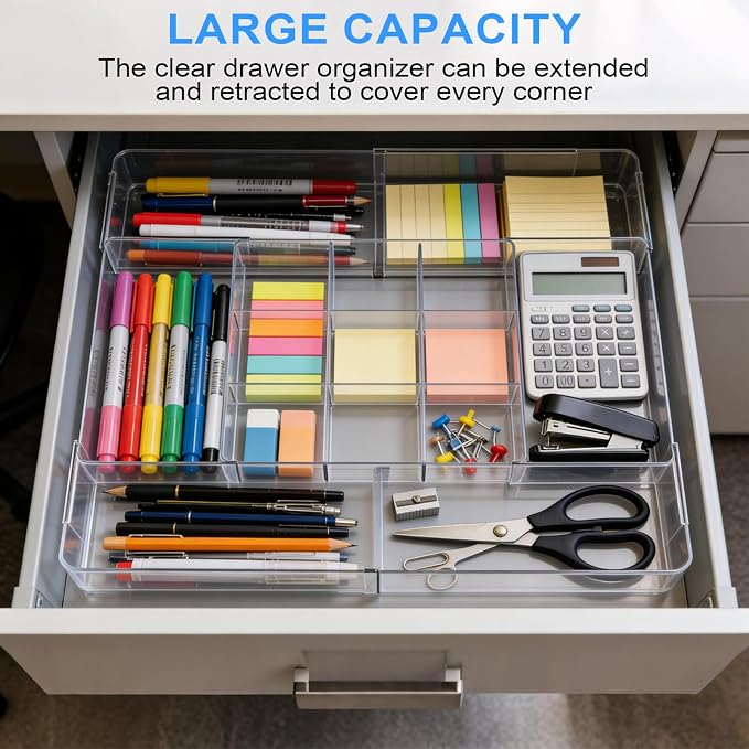 Widousy Acrylic Drawer Organizer, Expandable Drawer Organizer Trays, Desk Organizers and Accessories, Adjustable Compartments Desk Accessories for Makeup Utensil Junk Office Kitchen Bathroom