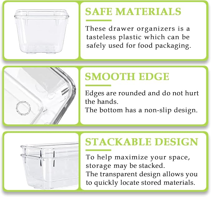 Clear Acrylic Drawer Organizer Trays, 5 Size Junk Box Organization Small Storage Container Bin for Desk Makeup Bathroom Vanity Kitchen Tool Make Up Workspace Home Dorm Apartment Office Room Nightstand