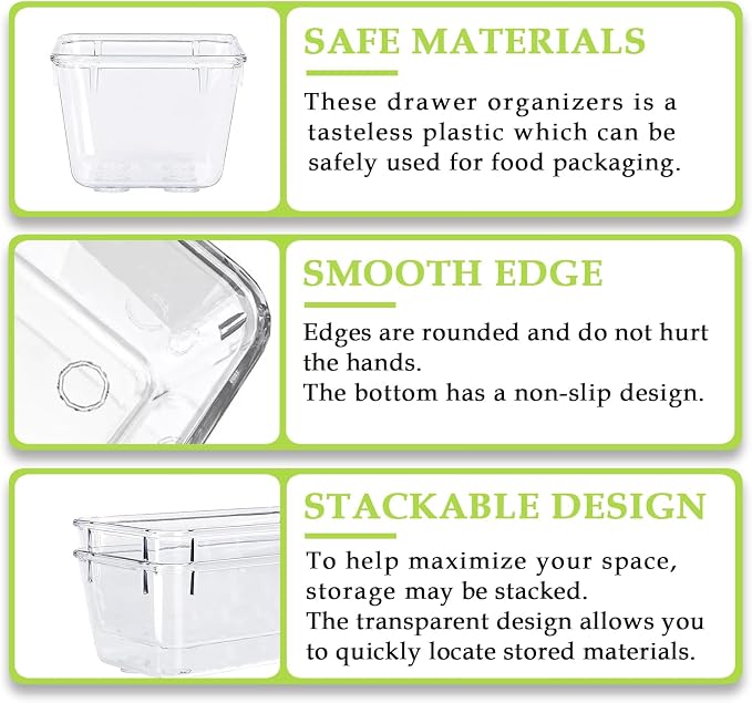 Clear Acrylic Drawer Organizer Trays, 5 Size Junk Box Organization Small Storage Container Bin for Desk Makeup Bathroom Vanity Kitchen Tool Make Up Workspace Home Dorm Apartment Office Room Nightstand