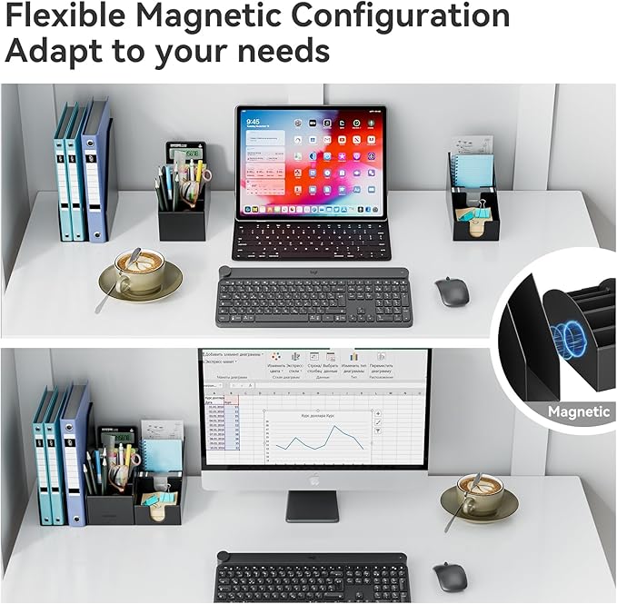 Magnetic Desk Organizer Set - Multifunctional PU Leather Desktop Storage with File Holder, 5-Tier Storage Box, Card and Sticky Note Slots, Office Supplies Accessories for Desk & Workspace