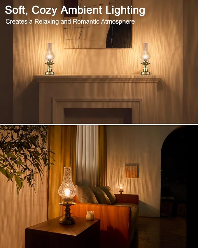 UMEXUS Vintage Rechargeable Cordless Table Lamp with Dimmer & Touch Control, Small Battery Powered Lights, Hand-Blown Glass Retro Farmhouse Lamp for Bedroom, Living Room, Dining Table, Kitchen (Clear)