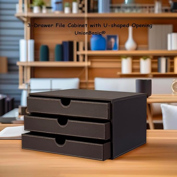 UnionBasic Leather Desktop Drawer Organizer, File Cabinet Magazine Document Holder, Office Supplies Desk Storage Organizer Box, 3 Drawer, Coffee