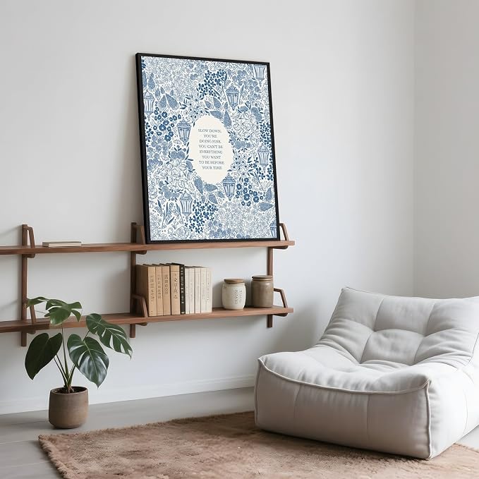 Framed Slow Down Youre Doing Fine Music Posters Motivational Quote Wall Art Blue Victorian Floral Inspirational Canvas Print Vintage Aesthetic Positive Affirmation Office Home Calming Decor 12x16inch