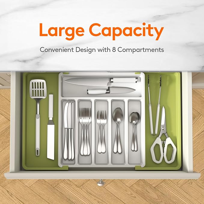 Lifewit Silverware Drawer Organizer, Expandable Utensil Tray for Kitchen, BPA Free Flatware and Cutlery Holder, Adjustable Plastic Storage for Spoons Forks Knives, 13-22 x 15", Green&White
