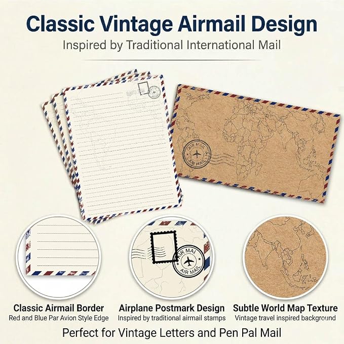90 Pack Airmail Stationery Paper Set, Vintage Letter Writing Paper and Envelopes Set for Invitations, thank you Letters, or Casual Letters(6.9 x 9.25 In)