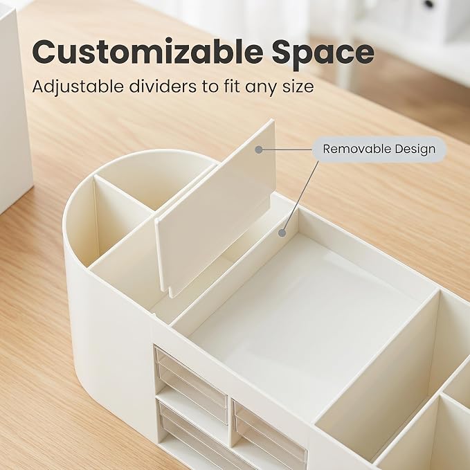 Desk Organizer with Drawers, Office Supplies Storage, White | Customizable desktop storage with removable dividers and 3 clear drawers for pens, notes, clips and everyday office supplies.