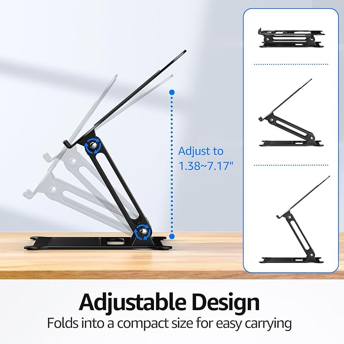 Urmust Aluminum Laptop Stand, Portable Laptop Riser, Adjustable Laptop Stand for Desk Foldable, Ergonomic Computer Notebook Holder for MacBook Air Pro HP, Office Desk (10-15.6'')- Black