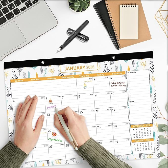 Desk Calendar 2026-2027, Mokani Large Monthly Desk Calendar 2026 (Jan.2026 to Jun.2027) 17"x12" with Plastic Cover, Holidays, 234 Stickers