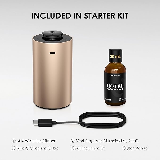 Waterless Essential Oil Diffuser Starter Kit with 30mL Hotel Scent Fragrance Oil Inspired by Ritz-C., Battery Operated Premium Portable Mini Scent Air Machine for Home Car Office, Desert Titanium ANX