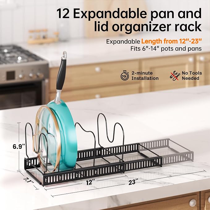 MUDEELA Expandable Pot Pan Lid Organizers inside Cabinet, 12 Divider-Black | Expandable 11.8–22.9", 12 Adjustable Divider, Tool-Free Assembly, Non-Slip, Scratch-Proof, For Pan Lid Cutting Board Bakeware