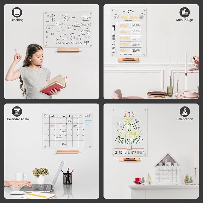 YEOUX Glass Dry Erase Whiteboard - 17x23 Ultra Clear Glass White Board for Wall with Wooden Based Floating Marker Tray, Non-Magnetic Writing for Kitchen, Home and Office.
