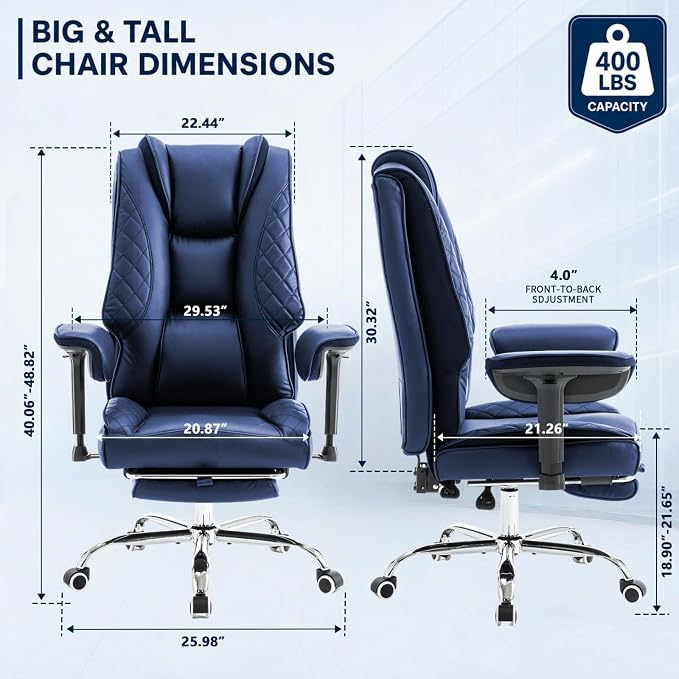 Big and Tall Office Chair，Heavy Duty Wide Executive Office Chair (Blue) | Breathable Leather，Double-layered Backrest，Seat Cushion Designed of Deluxe Embroidery Leather，Foot Rest, Adjustable Armrests