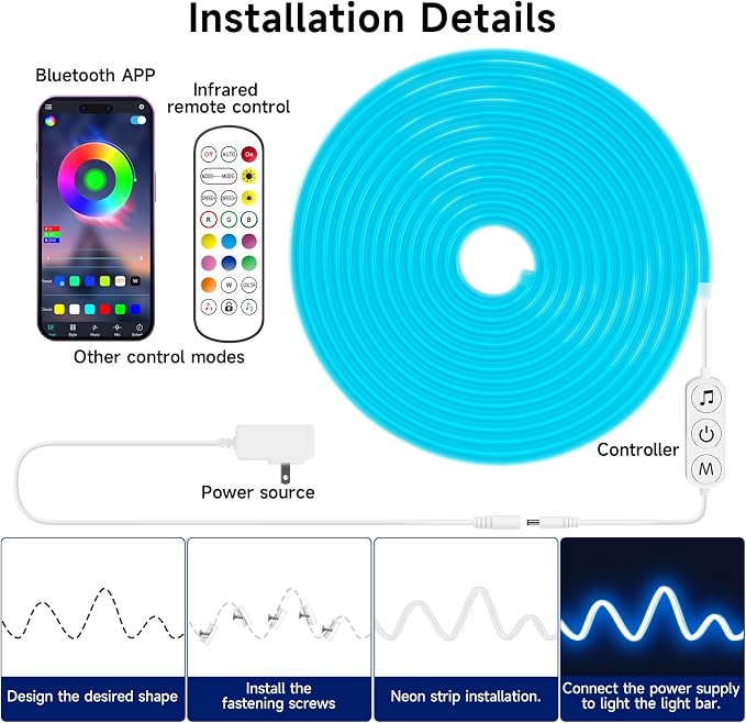 KANTUTOE LED Neon Rope Lights, 16.4ft RGB LED Light Strip, 24V Music Sync App/Remote Control DIY Rope Light, IP67 Waterproof Gaming Neon Strip Lights for Bedroom Indoor Oudoor Décor