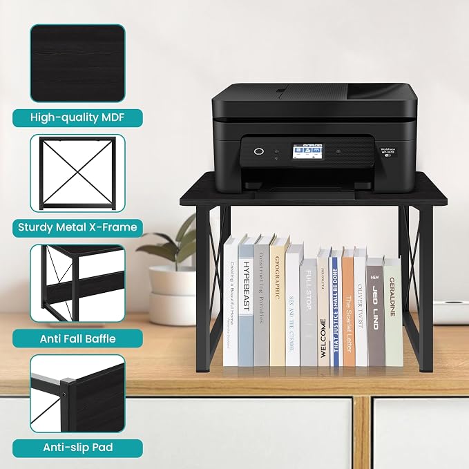 ELITEROO Desktop Printer Stand with Storage, Table Stand Small Desk Shelves | Desk Organizer shelf for Home/Office, Multi-Purpose Heavy Duty Riser for Fax Machine Copier Scanner, Black