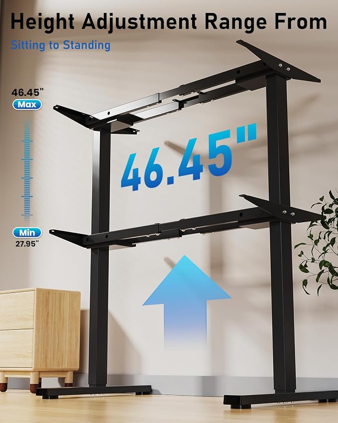 264 lbs Capacity Dual Motor Electric Height Adjustable Standing Desk Frame | Sit Stand up Desk Legs Base for 39.4” to 74.8” Desktop, Anti-Collision Function, Cable Tray, 2 Hooks, Black Frame Only