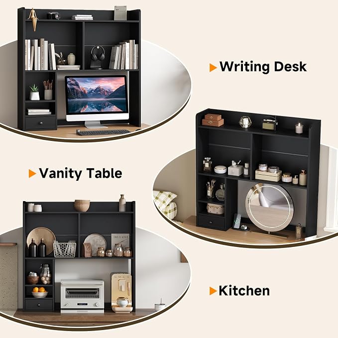 knoworld Desktop Bookshelf for 27" Monitor, Space-Saving Engineered Wood Desk Hutch Organizer with Adjustable Shelves & Drawer, Clutter-Free Tabletop Bookcase for Dorm & Home Office, Black