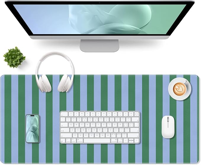PU Leather Desk Mat,Large Desk Cover Desk Blotter Protector Computer Gaming Mouse Pad Striped Mat Table Laptop Office Desktop Accessories, Green Blue Writing Pad