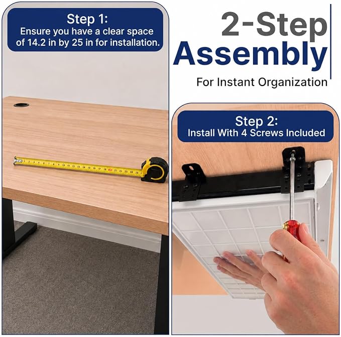 Under Desk Drawer, Adjustable Dividers, Impact-Resistant, 22" – White | Silent steel rails, 100% extension. Protective mat included, easy 4-screw install. Fits most desks, 22"×13"×2".