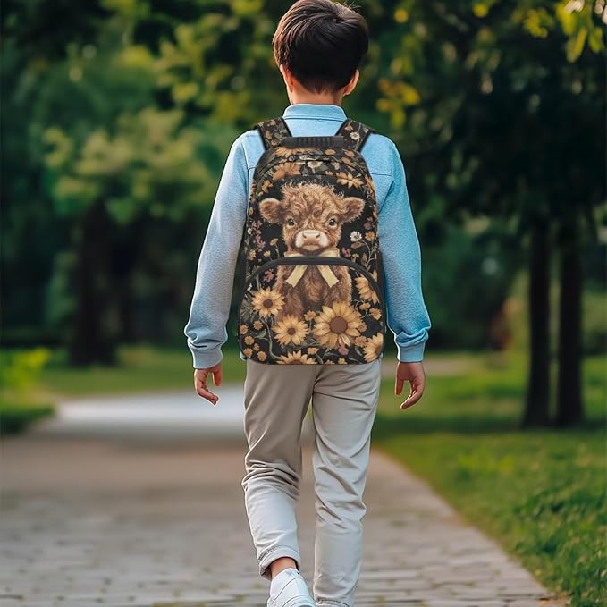ZFRXIGN Highland Cow Kids Backpack for Boys Bookbag with Cute Pendant 17inch Girls Elementary School Bag and Insulated Lunch Box Pencil Case Back to School Stuff