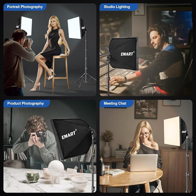 EMART Softbox Lighting Kit, 16"X16" Soft Box, 3000K-6000K 85W LED Bulbs with Remote, 65" Tripod, Professional Softbox Photography Lighting Kit for Studio Lights, Portrait, Video Recording(1PACK)