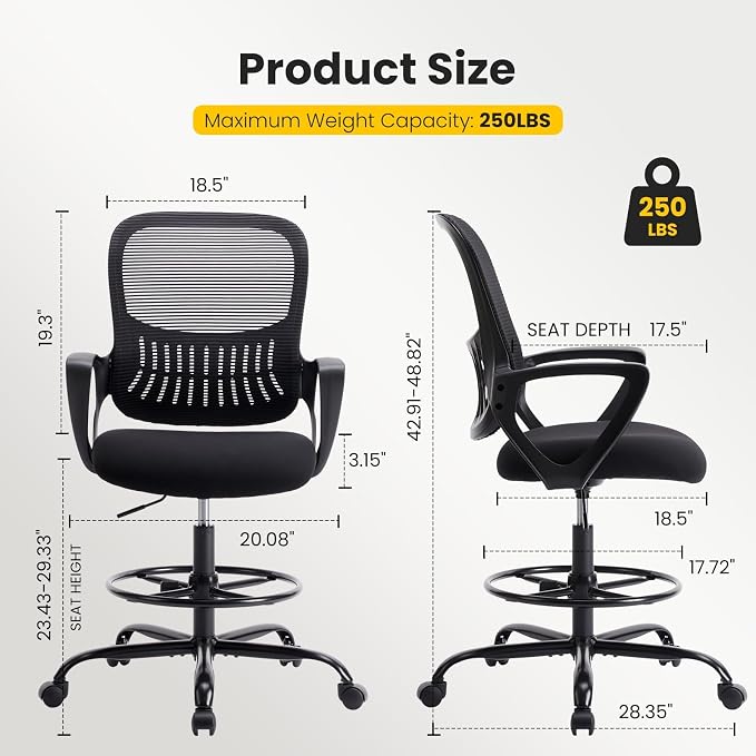 Sweetcrispy Tall Drafting Desk Chair - Ergonomic High Stool Computer with Adjustable Height and Comfy Lumbar Support, Office Rolling Counter with Flixed Arms and Footrest, Dark Black