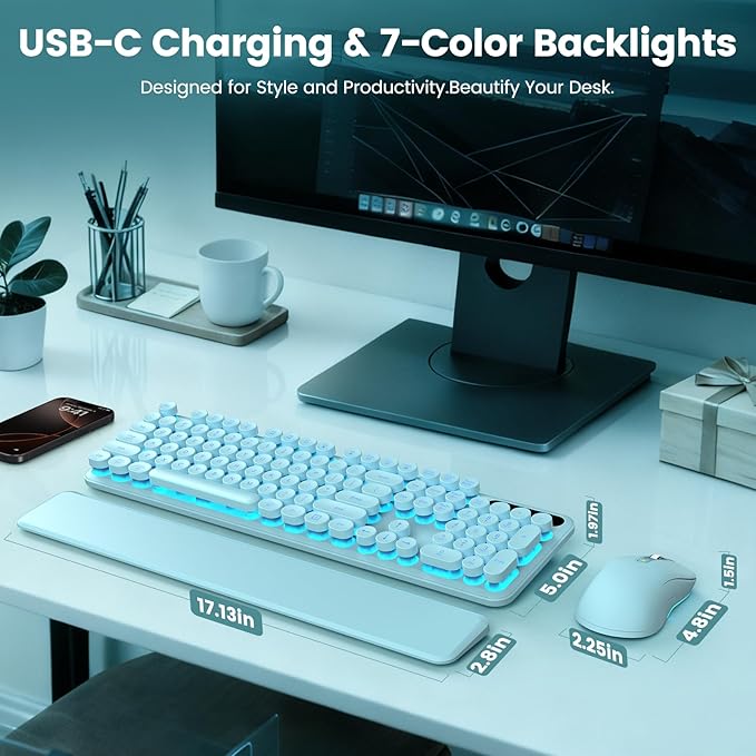 Wireless Keyboard and Mouse Combo, Backlit Round Keycaps, Retro Typewriter Keyboard with Detachable Wrist Rest, Rechargeable & Tilt Legs, 2.4GHz Cordless Connection for Windows/PC (Glowing Turquoise)