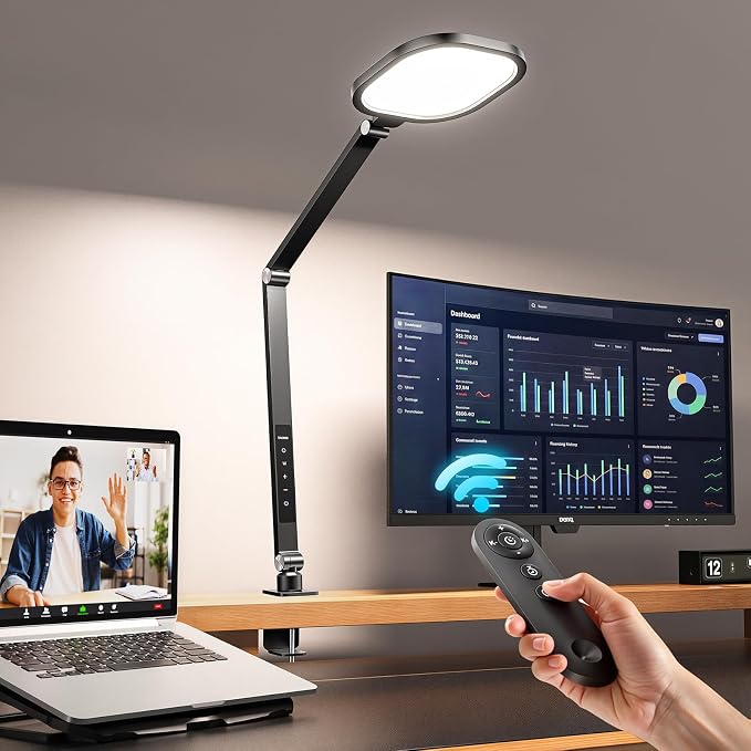 LED Desk Lamp for Home Office with Clamp, Remote, 30 Modes | Eye-Care, Pro Lighting for Zoom Meeting, Video Streaming, Recording, Flexible Arm, Memory, 2000LM, CRI 97.8