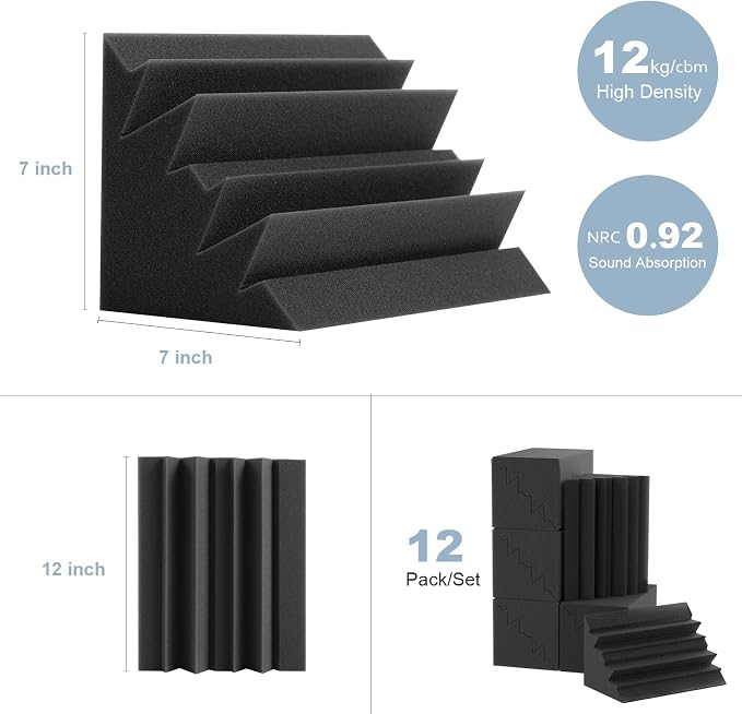 GUERRI 12 Pack Bass Traps Corner Acoustic Foam Corner 7''x7''x12'' Sound Proof Foam Panels for Walls Acoustic Wall Panels for Music Room Home Recording Studio