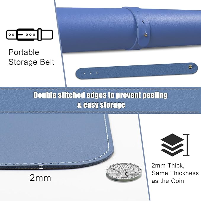 Large Desk Pad 35.4" x 17", Non-Slip Desk Mat with PU Leather & Natural Cork, Waterproof Writing Desk Natural Cork, Computer Mat Desk Protector for Office Home, Lake Blue