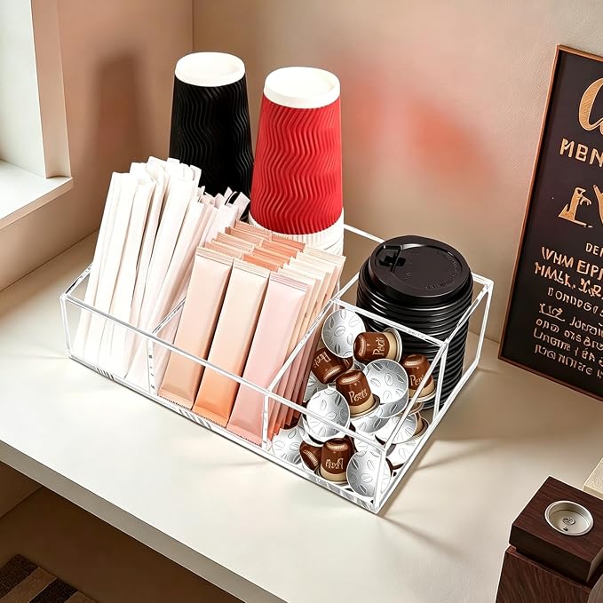 Coffee Bar Accessories, Acrylic Coffee Station Organizer Storage Box | Clear Coffee Station Accessories with Removable Dividers for Pod Condiment Syrup Cup Stirrer Tea Bag, Farmhouse Table Decor