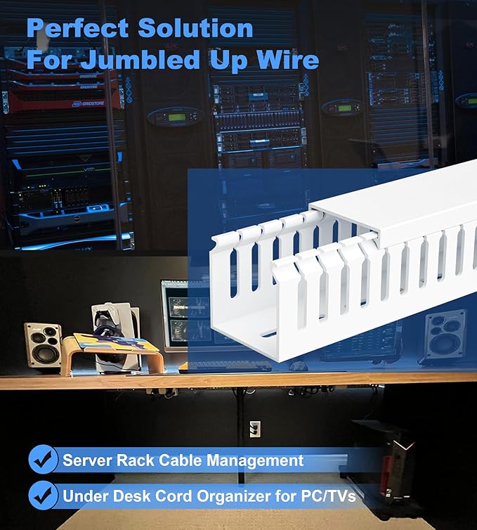 2" H x 2" W Cable Raceway, 33in Under Desk Wire Management Channel, White | Slotted Wire Duct, 2Pack, 16.5in Each, Heavy-Duty PVC Cable Management for Server Racks, Network Cables & Electrical Cabinets