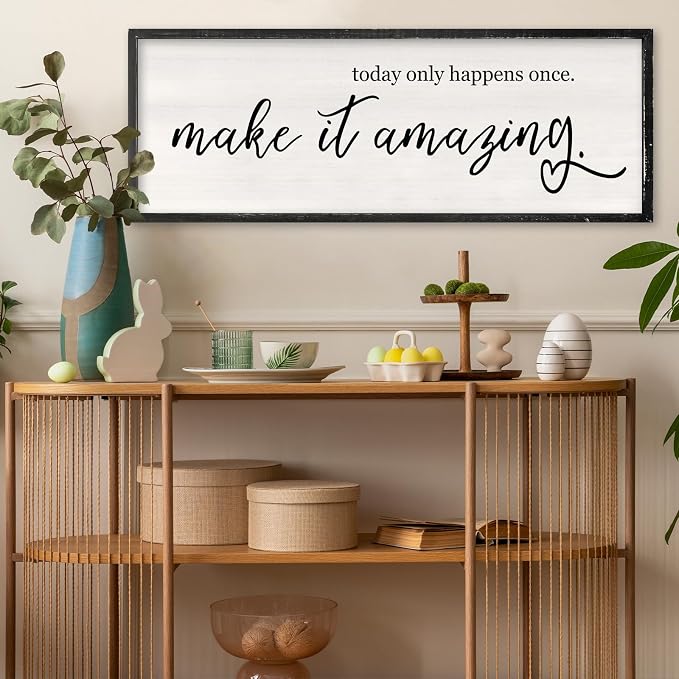 RLWangChao Today Only Happens Once Make It Amazing Wall Art Decor 32x12 Inch Large Inspirational Quote Sign Rustic Living Room Vintage Wood Frame Office Motivational Home Wall Hanging (Black)