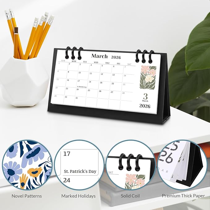 Small Desk Calendar 2026-2027, Flower Mini Desk Calendar (From January 2026 to December 2027) Flip Desktop Standing Calendar, Monthly Planner Cute Calendar, School Home Office Supplies