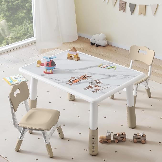 DOREROOM Toddler Table and 2 Chairs Set, Marble Top, No-Screw Legs, Natural | Graffiti Desktop, 31.5"L x 23.6"W, Frameless, Kids Ages 3-8, FSC-certified, Children Activity for Daycare, Classroom, Home