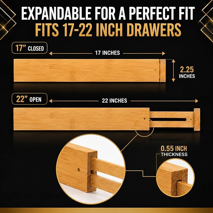 Adjustable Bamboo Drawer Dividers Expandable 8 Pack 17-22 Organizer | Kitchen, Dresser, Closet, Bathroom, Bedroom & Office Storage, Solid Moso Bamboo, Spring-Loaded, 80 Labels