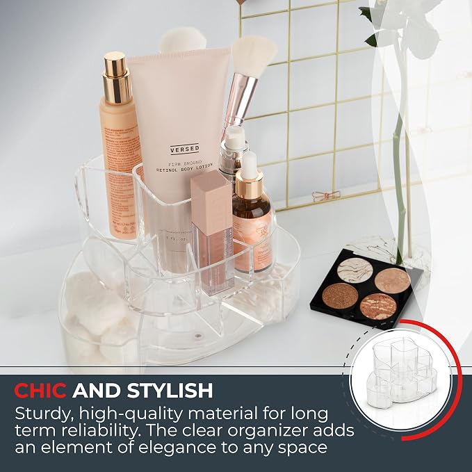 Masirs Small 360 Rotating Makeup Organizer, 5 Compartments, Square Clear | Small 360 Rotating Makeup Organizer, 5 Compartments, Acrylic Mini Lazy Susan, Vanity Bathroom Counter, Square Clear