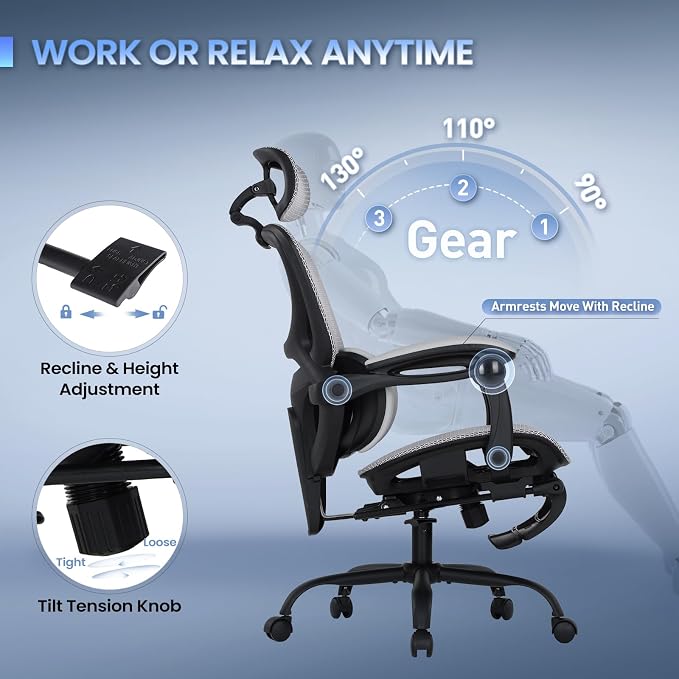 MALOL Ergonomic Mesh Office Chair with Footrest, Executive High Back Computer Desk Chair with 3D Adjustable Headrest & 5-Level Lumbar Support, Track Armrest, Tilt Lock, 300LBS, White