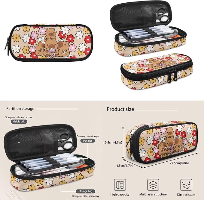 Doojoayie Floral Capybara Backpacks for Girls with Lunch Box Fashion Casual School Bags for Kids 6-8 17 inch Bookbag with Heavy Duty Zippers for Daily School Needs Keep Organized