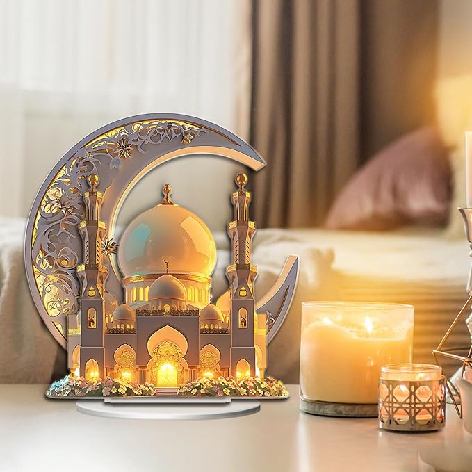 Ramadan Decorations for Home, Ramadan Gifts for Kids, Table Decor, 2D Spray Painted Acrylic Decorative Plaque Crescent and Palace (Desktop Decor-G)
