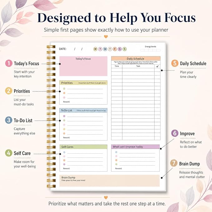 ADHD Daily Planner - Productivity Planner & Undated Task Management Organizer for Neurodivergent Adults, Focused Planners for Men & Women - B5 Blue Flowers