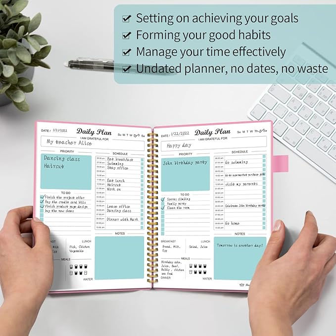 Daily Planner Undated, To Do List Notebook with Hourly Schedule Calendars Meal, Spiral Appointment Organizers Notebook for Man/Women, Pocket, Pen Loop, 160 Pages (5.5x8.5")